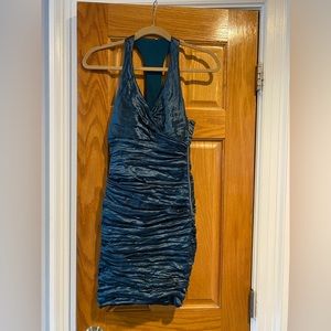 Gorgeous Nicole Miller racer back turquoise blue ruched cocktail dress